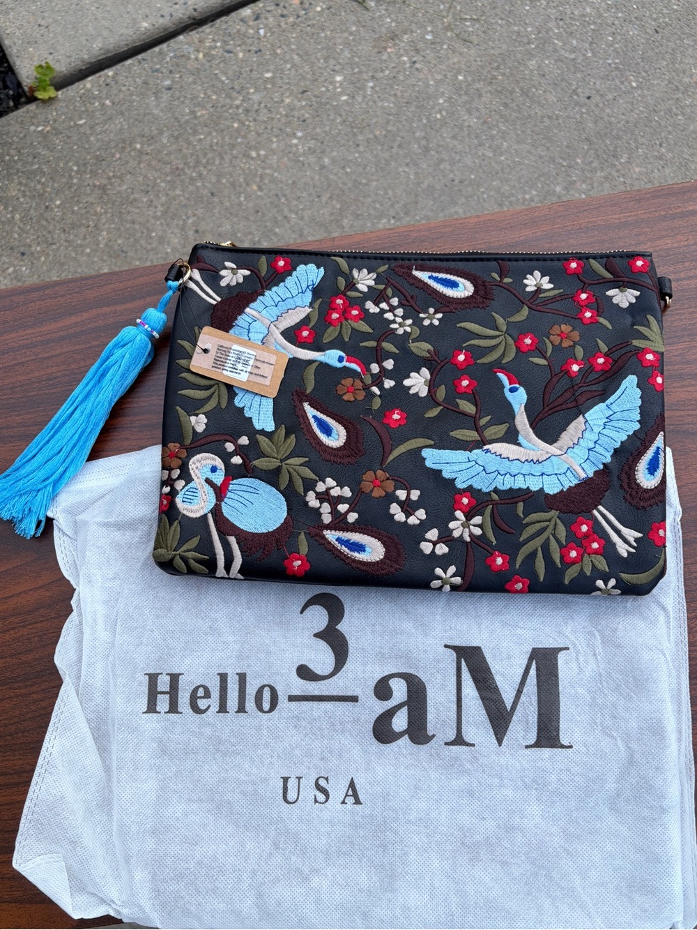 Hello 3AM Embroidered Crane & Floral Clutch Crossbody Bag – New With Tags